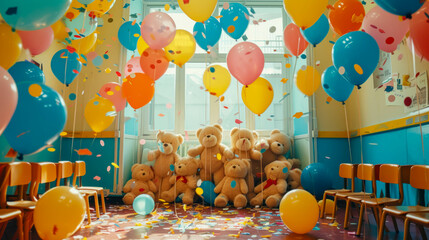 Fototapeta na wymiar Birthday Party At Empty School. School Adorned With Balloons, Confetti and Teddy Bears. Ready for a Festive Gathering