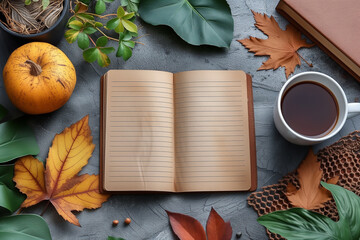 Blank notebook on table with autumn theme - 728830565