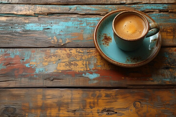 Cup of  Turkish coffee on a weathered wooden table, top view, copy space
