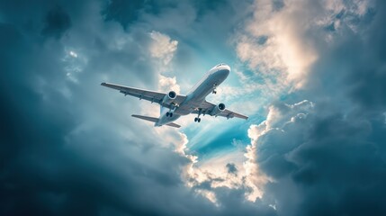 A white passenger airplane soaring through the sky.