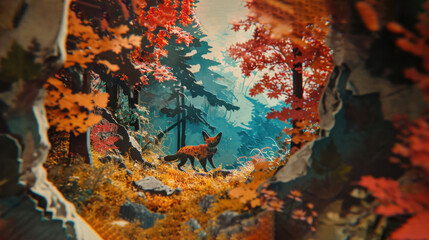  a painting of a fox in a forest surrounded by rocks and trees with orange and yellow leaves on the ground and on the ground, and in the foreground.