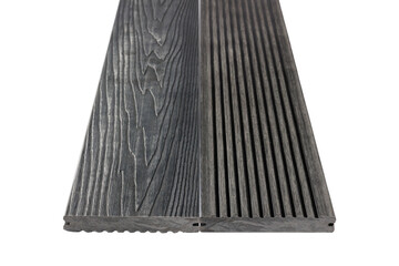 Colored Wood plastic composite patio decking boards isolated on white background