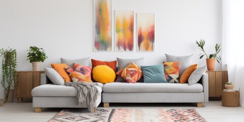 Bright living room interior with a grey corner couch, three patterned pillows, painting, and white rug.
