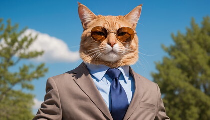 A stylized cat with a human body dressed in a sharp suit and sunglasses, exuding confidence and sophistication under a clear blue sky.