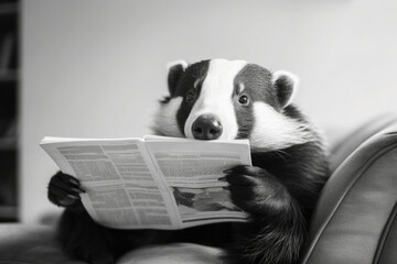 Badger reading a newspaper, black and white photo