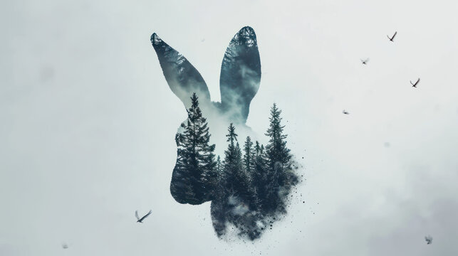  a group of birds flying through the air next to a pair of bunny ears in front of a foggy sky with trees and birds flying in the foreground.