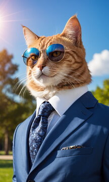 A stylized cat with a human body dressed in a sharp suit and sunglasses, exuding confidence and sophistication under a clear blue sky.