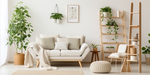 Stylish home decor with Scandinavian and cozy living room featuring a beige sofa, pillows, side...