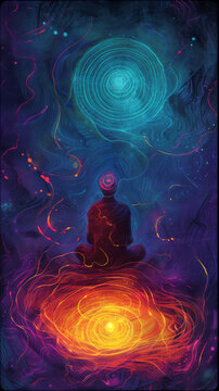 Person sitting in cosmos, concept of nirvana or reincarnation. Bardo, time, space between two lives. Concept mystic, spirituality, caring for the soul.