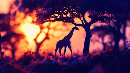  a giraffe standing next to a tree with the sun setting in the back ground behind it and a silhouette of a giraffe in the foreground. - obrazy, fototapety, plakaty