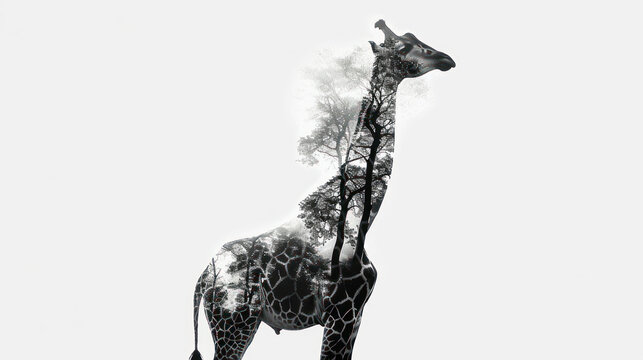  a black and white photo of a giraffe with smoke coming out of it's neck and a tree in the middle of the back of the picture.