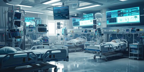 ICU Ward with Advanced Life Support Equipment and Monitoring Systems in a Medical Emergency Setting