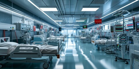 Obraz premium ICU Ward with Advanced Life Support Equipment and Monitoring Systems in a Medical Emergency Setting
