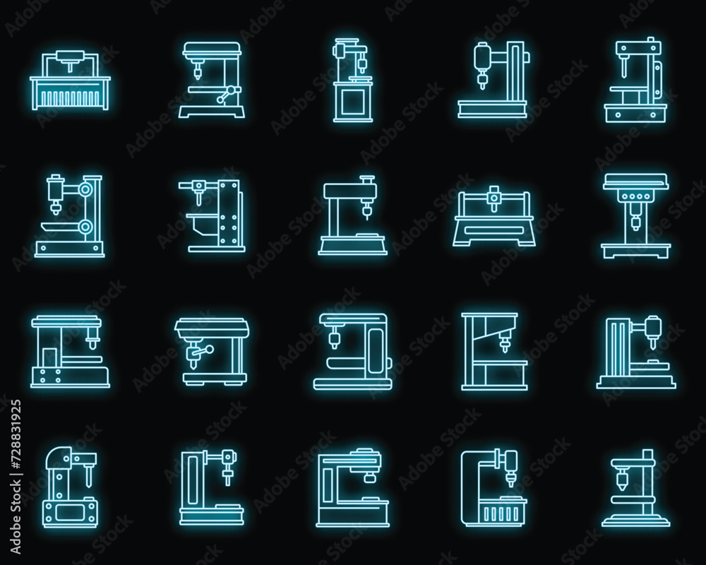 Poster milling machine device icons set. outline set of milling machine device vector icons neon color on b