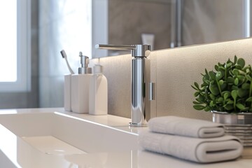Bathroom counter with sink and water faucet