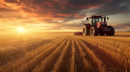 Majestic Sunset Over Farmland with a Farmer Driving a Red Tractor