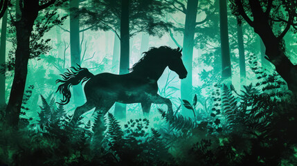  a painting of a horse in the middle of a forest with tall grass and trees on either side of the horse is a black horse with a long mane in the foreground.