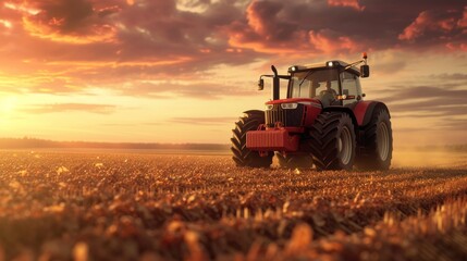 Obraz premium Majestic Sunset Over Farmland with a Farmer Driving a Red Tractor