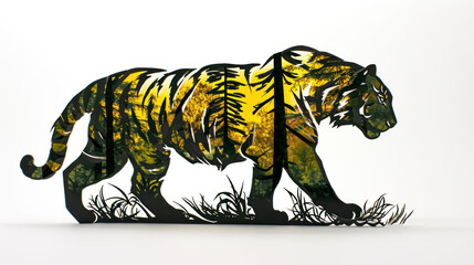  a paper cut out of a tiger with trees on it's back and yellow and black stripes on it's body, standing in front of a white background.