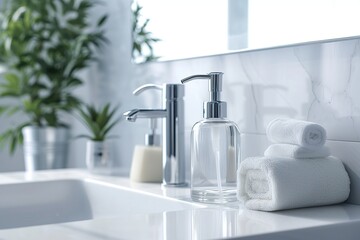 Bathroom counter with sink, water faucet and soap dispenser with liquid soap