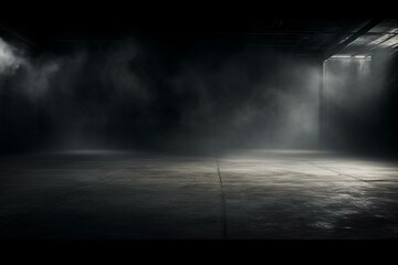 Dark room with concrete floor, smokey atmosphere, spotlight, asphalt street, black background. Generative AI