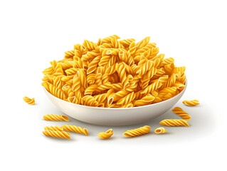 Illustration of raw fussili pasta in a bowl on white background 