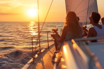 Jubilant Friends Celebrating on a Luxury Yacht at Sunset