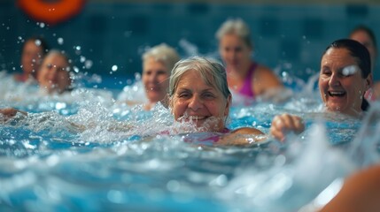 Senior Women Exercising with Joy in an Aqua Aerobics Class at a Swimming Pool