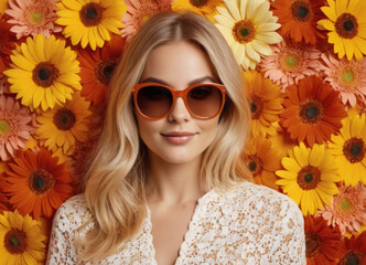 Smiling blonde girl in sunglasses, flowers in the background
