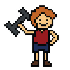 Fototapeta premium Cute pixel cartoon 8bit character man weight training with dumbbell lifestyle vector for decoration life style 8 bit male exercise gym fitness body building vector.