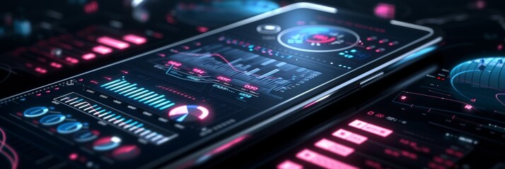 Fototapeta premium Futuristic KPI Metrics Dashboard on a Mobile Device with Graphs and Business Analytics