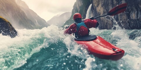Adventurous Kayaker Maneuvering Through Turbulent White Water Rapids in a Scenic Mountain River - obrazy, fototapety, plakaty