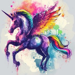 Obraz na płótnie Canvas Ethereal Watercolor Illustration of a Majestic Winged Unicorn with Vibrant Mane
