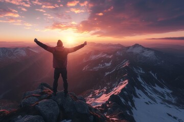 Fototapeta premium Jubilant Man with Arms Raised Standing on a Mountain Peak at Dusk
