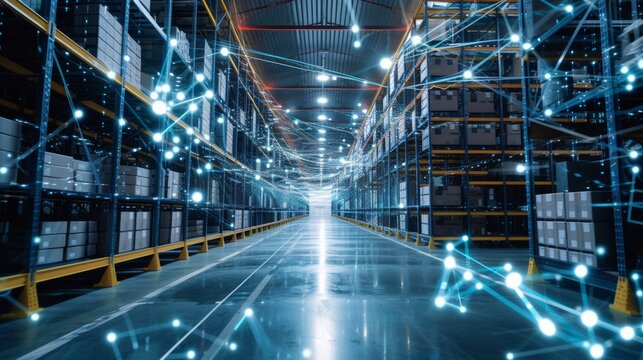 Futuristic Distribution Center with Advanced Communication Network Concept