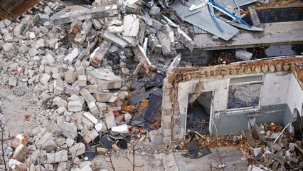 Pieces of Metal Support Beam Cinder Block Reinforced Concrete Rubble and Construction Waste at Old...