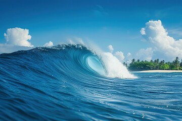 Huge blue wave and small island in the ocean