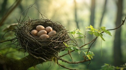 Naklejka na ściany i meble a bird's nest with four eggs in the middle of a tree branch in front of a green forest with sunlight streaming through the leaves and sunlight shining on the branches.