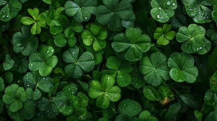 lush field of green clovers, glistening with dew drops. St. Patrick's Day backdrop