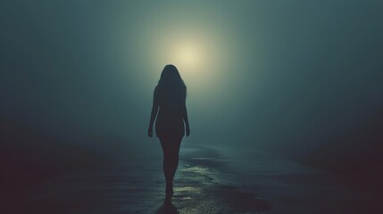 Tense Silhouette of a Young Woman Walking Alone on a Foggy Night with An Ominous Presence Looming