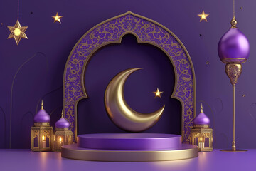 Obraz na płótnie Canvas 3D Ramadan lantern Iftar Eid crescent moon cannonballs text space and podium in purple gold style