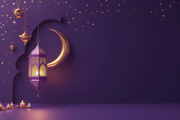 3D Ramadan lantern  Iftar  Eid crescent moon  cannonballs  text space and podium in purple gold style