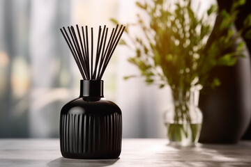 A scent diffuser bottle. Home fragrance in the form of aromatic perfume. Modern interior on blurred background