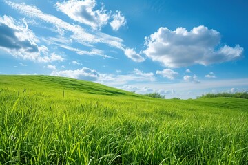Fototapeta premium Landscape of green grass on slope with blue sky