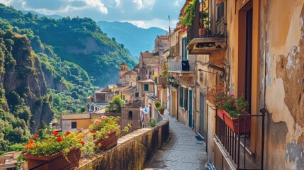  a narrow street in a small village with flowers on the windows and balconies on the balconies and a mountain in the background with a blue sky with clouds. - obrazy, fototapety, plakaty
