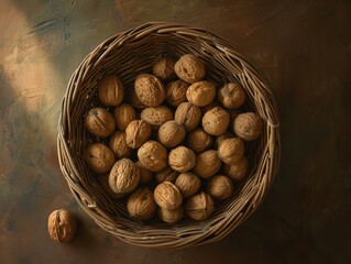 basket with walnuts, top view