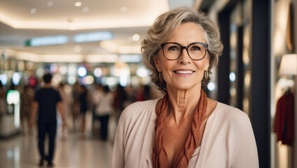 Obraz premium Elegant mature business woman, gray-haired, confident, against backdrop of shopping center. Radiant with style, femininity, she walks through busy shopping center, shopping. Senior woman on shopping