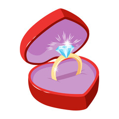 Hand drawn vector illustration of an engagement ring in a heart shaped gift box. Color doodle sketch of a diamond ring