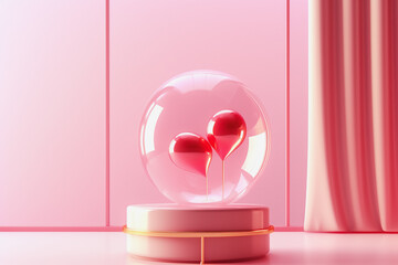pink abstract glass ball globe and red drop on pink background. 3d style