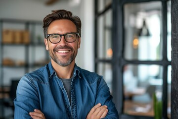 Obraz premium Confident Male Entrepreneur Smiling in Modern Office Environment
